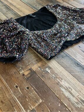 Sequin Puff-Sleeve Crop top - Black Multicolor